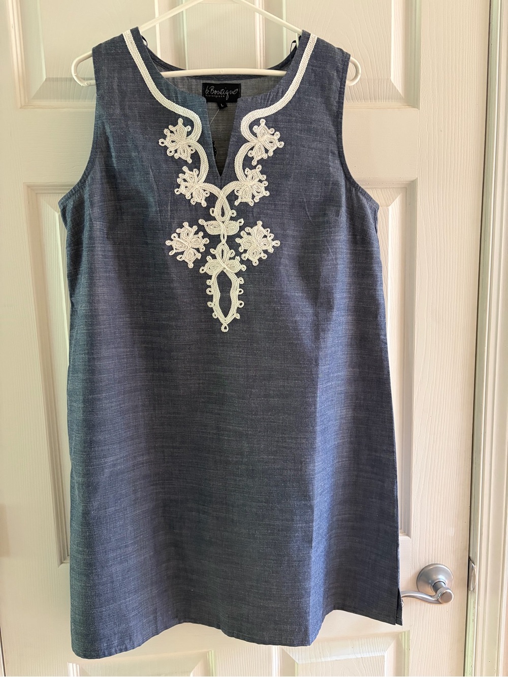 Blue Sleeveless Tunic Dress with White Embroidered Neckline